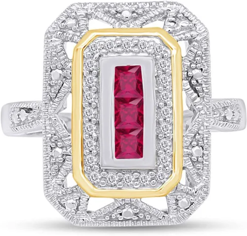 Vista 2 de Anillo Art Deco de plata de ley con detalles de diamante natural blanco y rubí creado