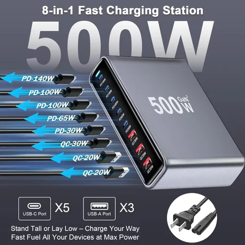 Vista 4 de Bloque de carga rápida USB C de 500 W, estación de carga USB C PD 3.1 de 140 W, estación de carga rápida PD PPS multipuerto para múltiples