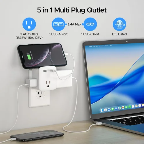 Vista 2 de Extensor de salida aprobado para cruceros, regleta de alimentación sin sobretensiones con 3 salidas de CA y 2 USB (1 USB-C), adaptador de enchufe