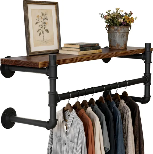 Vista 12 de WEBI Perchero de pared con estante, perchero industrial de 24 pulgadas con estantes, barra de ropa de hierro resistente, barra de ropa de exhibición