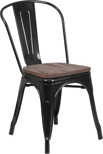 Vista 3 de EMMA + OLIVER Silla apilable de metal negro con asiento de madera