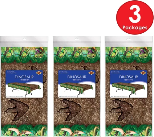 Vista 4 de Beistle Mantel de dinosaurio, 54 x 108 pulgadas, 3 piezas, mantel de plástico, decoración de mesa de dinosaurio, mantel de cumpleaños con temática