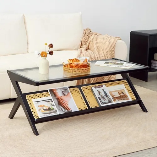 Vista 3 de Mesa de centro de bambú, mesa de centro de ratán con parte superior de vidrio, mesas centrales de madera de mediados de siglo, mesas de té laterales