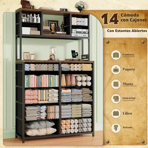 Vista 4 de Romorgniz Cómoda de 62 pulgadas de alto para dormitorio con luces LED y estación de carga, marrón Stable Steel Frame, Wood Top, Fabric Storage