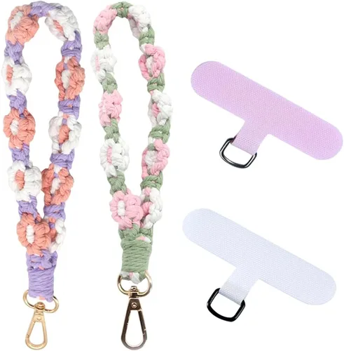 Vista 10 de VIOKKO Correa de muñeca de macramé bohemio para teléfono, cordón para teléfono celular con lengüeta de sujeción, pulsera con soporte para correa