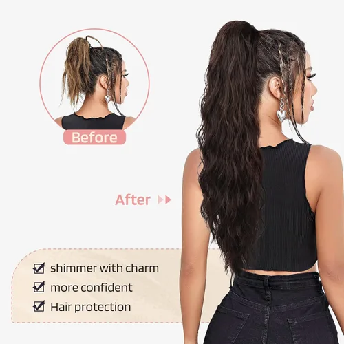 Vista 4 de FLUFYMOOZ Extensión de cola de caballo de 22 pulgadas, extensiones de cabello sintético ondulado largo y rizado para mujer