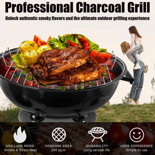 Vista 2 de Parrilla de carbón: Parrilla de carbón con asa, adecuada para patio trasero, al aire libre, (18 pulgadas)