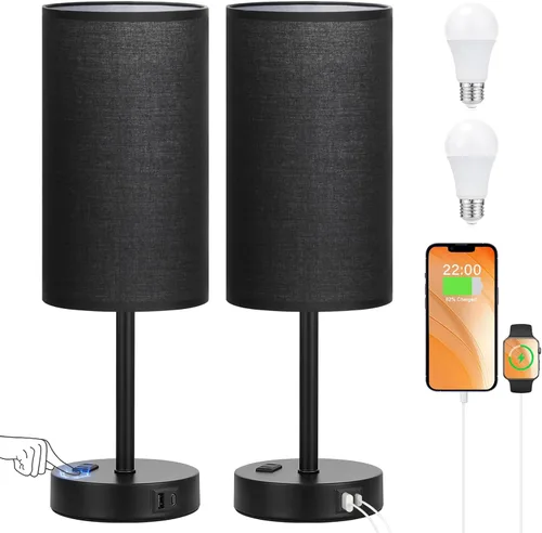 Vista 12 de Juego de 2 lámparas de mesa táctiles para dormitorio en blanco, lámparas de noche regulables de 3 niveles con puertos USB C y A, lámparas de mesita