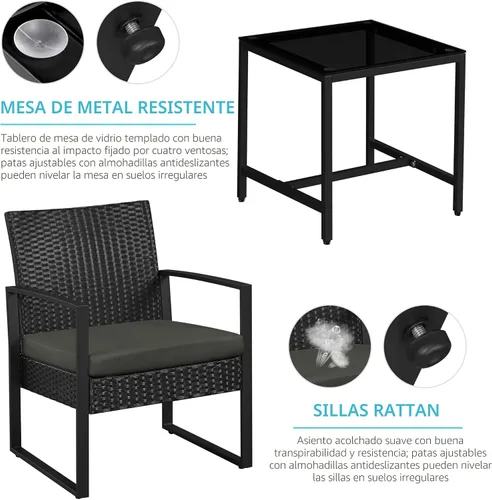 Vista 7 de YAHEETECH - muebles de patio conjuntos para interior o al aire libre. de mimbre moderno, juego de mesa auxiliar bistró, 3 piezas Negro /Gris