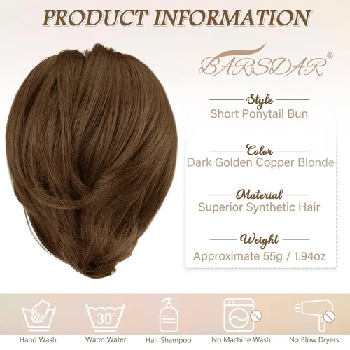 Vista 8 de BARSDAR Extensión de moño de cabello rubio cobre dorado oscuro liso + 2 piezas de cabello castaño medio marrón desordenado