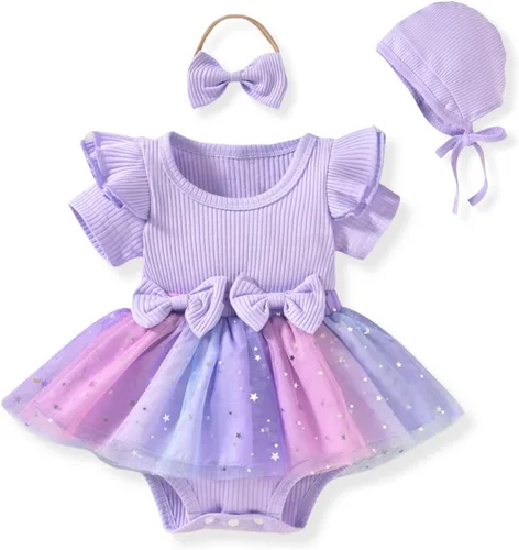 Vista 10 de Unutiylo Conjunto de ropa para bebé recién nacida prematuro con tirantes y mangas cortas con volantes Albaricoque
