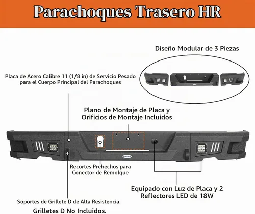 Vista 6 de Hooke Road Ram 1500 - Parachoques trasero Offroad con soporte de anillo en D y luces LED para camioneta Dodge Ram 1500 2009-2018