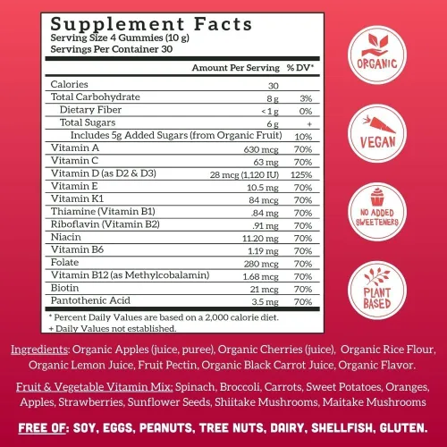 Vista 3 de Llama Naturals Multivitamin para Mujeres y Hombres, Gomitas Veganas y Orgánicas con Vitamina D, C y K, Vitaminas de Fruta Real para Adultos