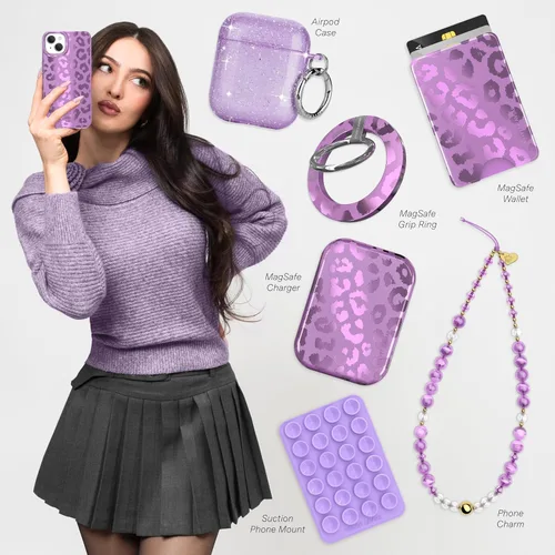 Vista 2 de VELVET CAVIAR Funda compatible con MagSafe para iPhone 15, probada en caídas de 10 pies, estampado de leopardo y amatista morada