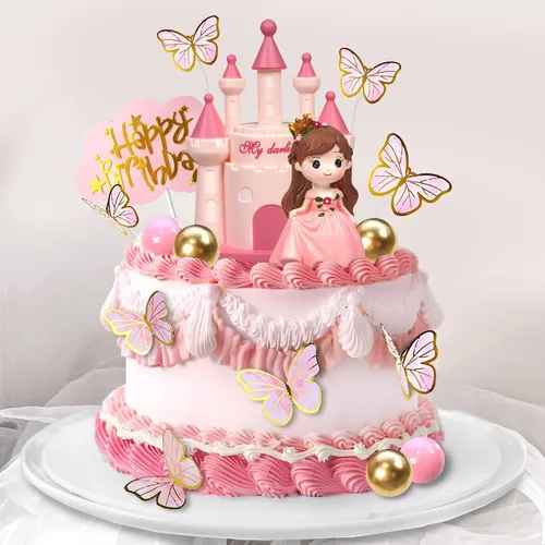 Vista 4 de 19 piezas Decoración de pastel de princesa con castillo, mariposas y bolas para suministros de cumpleaños de princesa (rosa)