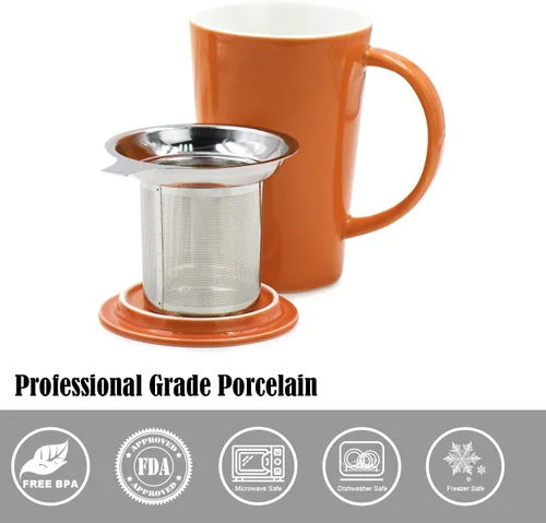 Vista 3 de TOSSOW - Taza de té de cerámica con infusor y tapa, tazas de té de 14 onzas, taza individual, sistema de preparación de té suelto con filtro