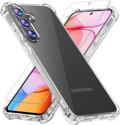Vista 16 de Funda para Samsung Galaxy S24 FE con 2 protectores de pantalla de vidrio templado y protector de lente de cámara, capa interior de TPU suave y Negro