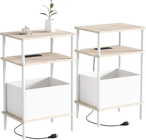 Vista 14 de Mesa auxiliar pequeña con estación de carga, mesa auxiliar para espacios pequeños, mesita de noche delgada con tomacorriente, sofá junto a la mesa