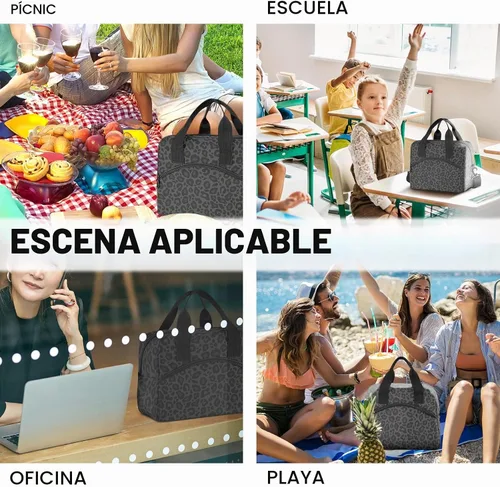 Vista 6 de Bolsa de Almuerzo Aislada de Leopardo Negro Estampado de Piel Animal Enfriadora Reutilizable Tote Box con Correa para el Hombro para Trabajo Picnic