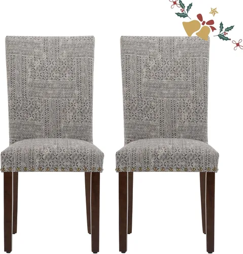 Vista 39 de Juego de 2 sillas tapizadas de tela para comedor, sillas de cocina estilo Parsons con ribete de cabeza de clavo y patas de madera - Beige