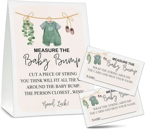 Vista 10 de Measure the Baby Bump - Juego de juego para baby shower, 1 letrero de pie con 50 tarjetas de adivinanzas, suministros de decoración de fiesta