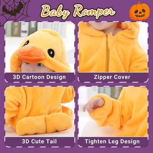 Vista 3 de Disfraz unisex de animal para bebé, con capucha, mameluco para cosplay Amarillo pato
