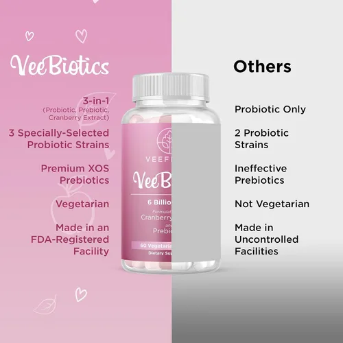 Vista 8 de VeeFresh VeeBiotics - Probióticos de arándano para mujeres, 60 cápsulas de probióticos para mujer con prebióticos y extracto de arándano