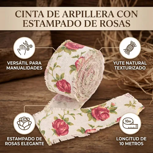 Vista 4 de HEEPDD - Cinta de arpillera con estampado de rosas, correa de yute de 32.8 pies de largo x 2 pulgadas de ancho DIY Printed Belt Strap Wedding