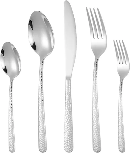 Vista 2 de Juego de cubiertos negros martillados para 6 cubiertos de acero inoxidable de alta calidad, 30 piezas de cuchillos delicados, tenedores y cucharas