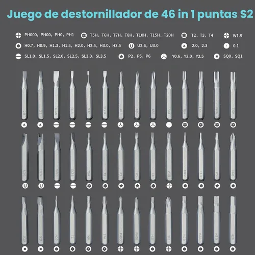 Vista 2 de Kit de destornilladores de precisión 46 en 1 con puntas magnéticas y estuche de metal, kit de herramientas de reparación compacto para teléfono