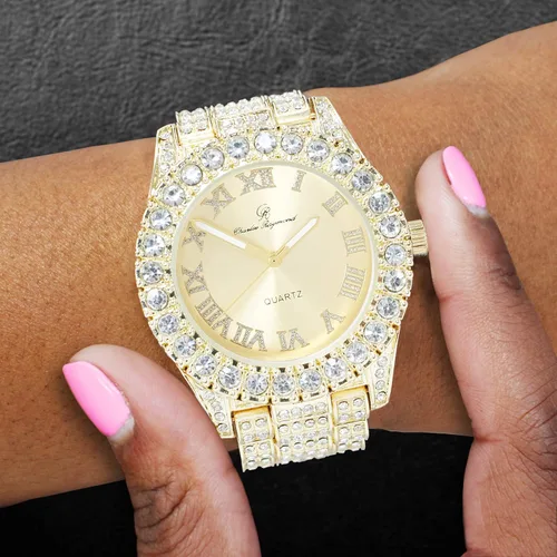 Vista 6 de Reloj de mujer con bisel grande de rocas, esfera de color con números romanos, totalmente cubierto en cristales - ST10327LA