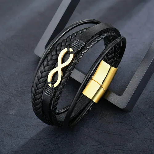 Vista 4 de Pulsera de cuero multicapa para hombre, 8.5 pulgadas, color negro o marrón, para hombre