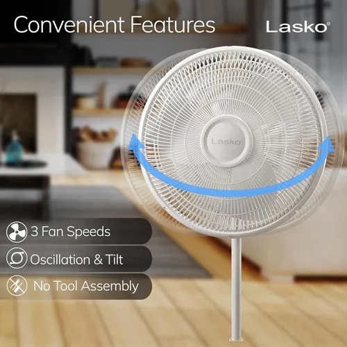 Vista 7 de Lasko Ventilador oscilante de pedestal – Ventilador de pie para dormitorio, sala de estar y oficina en casa – Altura ajustable – 3 velocidades