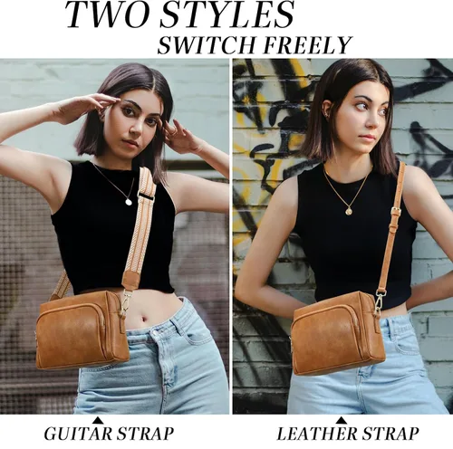 Vista 2 de Bolsos cruzados pequeños para mujer, bolsos cruzados de viaje de cuero vegano, bolsos de hombro con correa de guitarra y correa de cuero