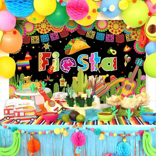 Vista 3 de Avezano Telón de fondo para fiesta temática mexicana, fiesta Luau Cinco de Mayo, cartel de carnaval, decoración de fiesta, telón de fondo de 70.8 x