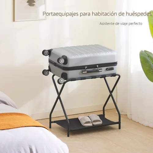 Vista 7 de AMHANCIBLE Portaequipajes, juego de 2, soportes plegables para maleta para habitación de invitados, soporte de equipaje de metal con estante