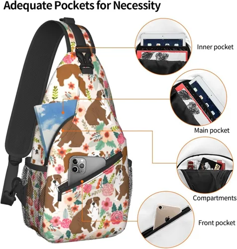 Vista 4 de Lindo regalo para perro, diseño de flores de rosas, animales florales con estampado 3D, plegable, mochila cruzada para hombres y mujeres, Bolsa