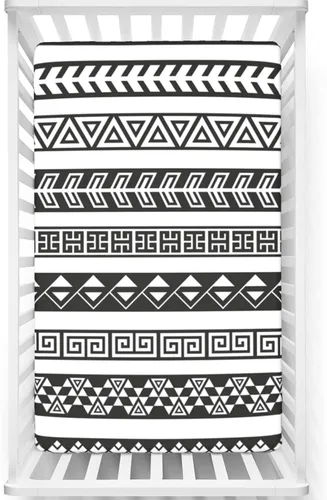 Vista 10 de Sábanas bajeras ajustables para cuna pequeña con temática azteca, sábana portátil para cuna para niño o niña, 24 x 38 pulgadas, color blanco y negro