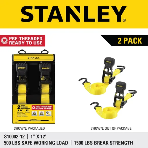 Vista 8 de STANLEY S10002-12 Correas de trinquete negras/amarillas de 1" X 12' - Carga de trabajo segura de 500 LBS / Fuerza de rotura de 1,500 LBS, paquete