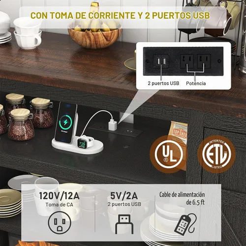 Vista 3 de Hlivelood Mueble de TV Estilo Granja de 66" con Tomas de Corriente para TVs de 75 Pulgadas, Centro de Entretenimiento de 33" de Alto con Gabinetes