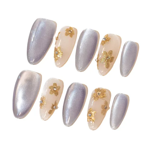Vista 16 de Sun&Beam Nails Dije hecho a mano de almendra media larga con diseño de diamante de color nude, lindas puntas de uñas postizas, 10 unidades (#99 S)