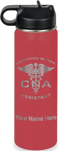 Vista 9 de LaserGram Botella de agua personalizada, asistente de enfermería certificada por la CNA, acero inoxidable de doble pared aislada al vacío con popote