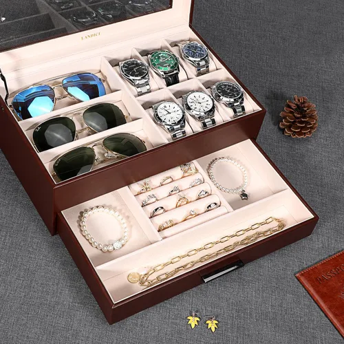 Vista 2 de LANDICI Caja de reloj para hombres y mujeres, 2 capas de piel sintética, organizador de relojes, caja de almacenamiento grande, caja de joyería