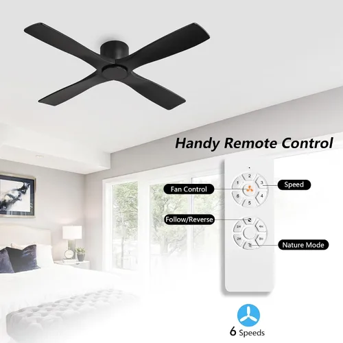 Vista 2 de WINGBO - Ventilador de techo de montaje empotrado de 48 pulgadas, sin luces, con 4 aspas talladas de madera sólida, motor DC reversible de 6