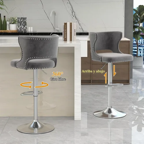 Vista 6 de Juego de 2 taburetes de bar giratorios de terciopelo gris, sillas Beige (dorado)