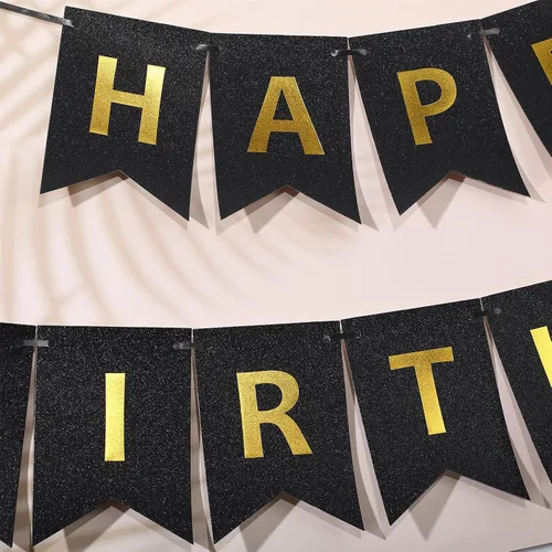 Vista 3 de Clabby Cartel de feliz cumpleaños negro con purpurina con letras brillantes de feliz cumpleaños con purpurina brillante para colgar suministros