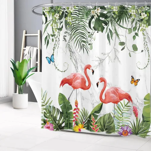 Vista 10 de EOBTAIN Cortina de ducha de hojas de plantas tropicales para baño, flamenco rosa y mariposa azul con hojas de palma en beige, cortina de ducha con 8