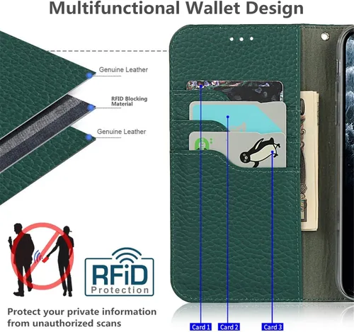 Vista 3 de iCoverCase Compatible con iPhone 11 Pro Max, funda magnética de piel auténtica con bloqueo RFID, correa para la muñeca y ranuras para tarjetas, Verde