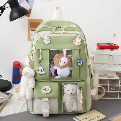 Vista 3 de Kawaii Juego de 5 mochilas kawaii con insignia y colgante de felpa bolsa de hombro caja de lápices bolsa de mano bolsa pequeña Arroz Verde
