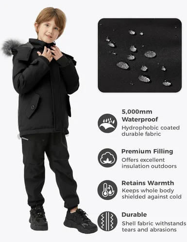 Vista 4 de wantdo - Chaqueta de invierno con capucha para niños, impermeable, acolchada, con forro polar, parka Negro